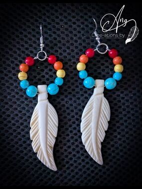 Native American Large Bone Carved Feather With Multicolor Beads Earrings